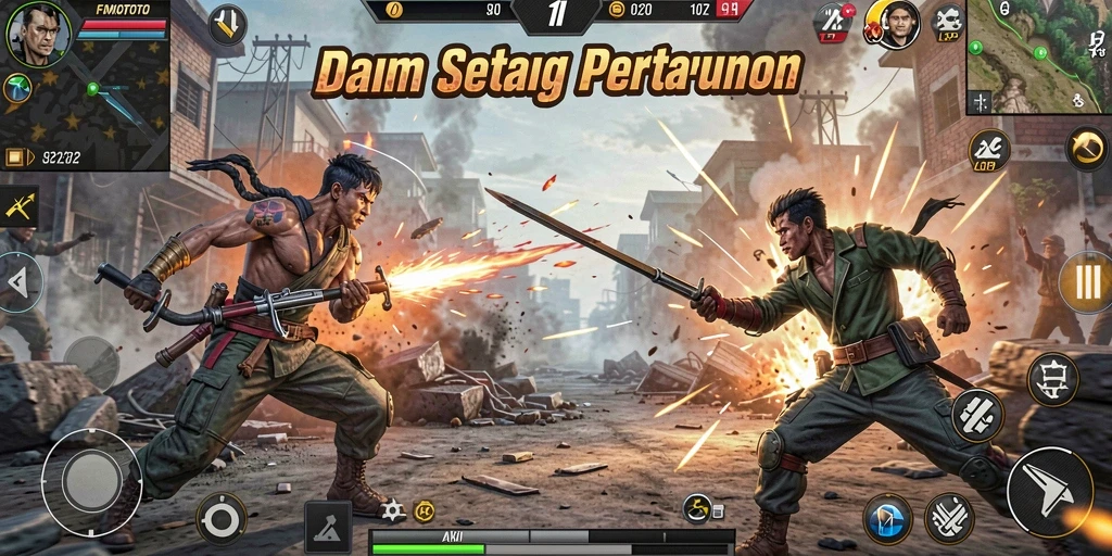 Tampilan gameplay seru FOMOTOTO dengan pertarungan mendebarkan.