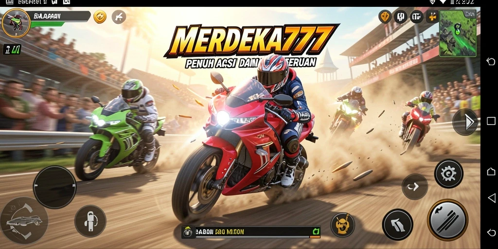 Screenshot menampilkan aksi balapan motor yang mendebarkan di MERDEKA777.