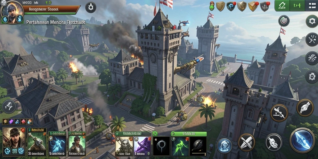Screenshot MPOID dengan pertarungan menara yang epik dan grafis memukau.