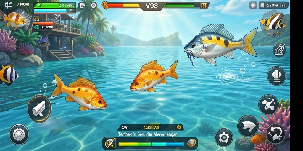 Gameplay seru V98 dengan berbagai ikan yang menunggu untuk ditembak.